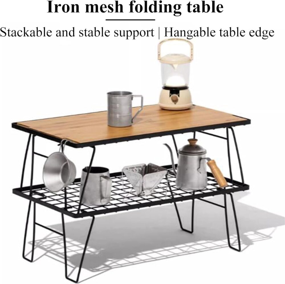 میز کمپینگ مدل تاشو با تخته چوبی بامبو و میز توری آهنی - تصویر 2